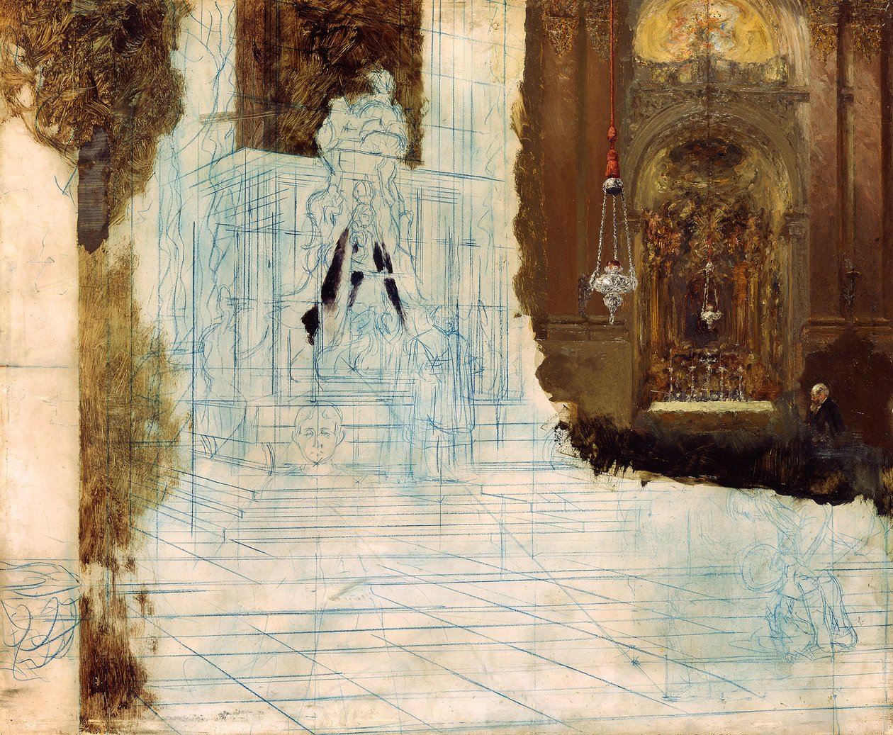 Oltár egy barokk templomban. Befejezetlen alkotó: Adolph Menzel