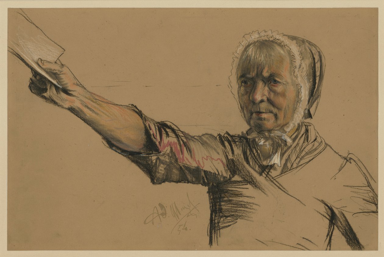 Idős asszony, aki jobb kezével egy petíciót nyújt át alkotó: Adolph Menzel