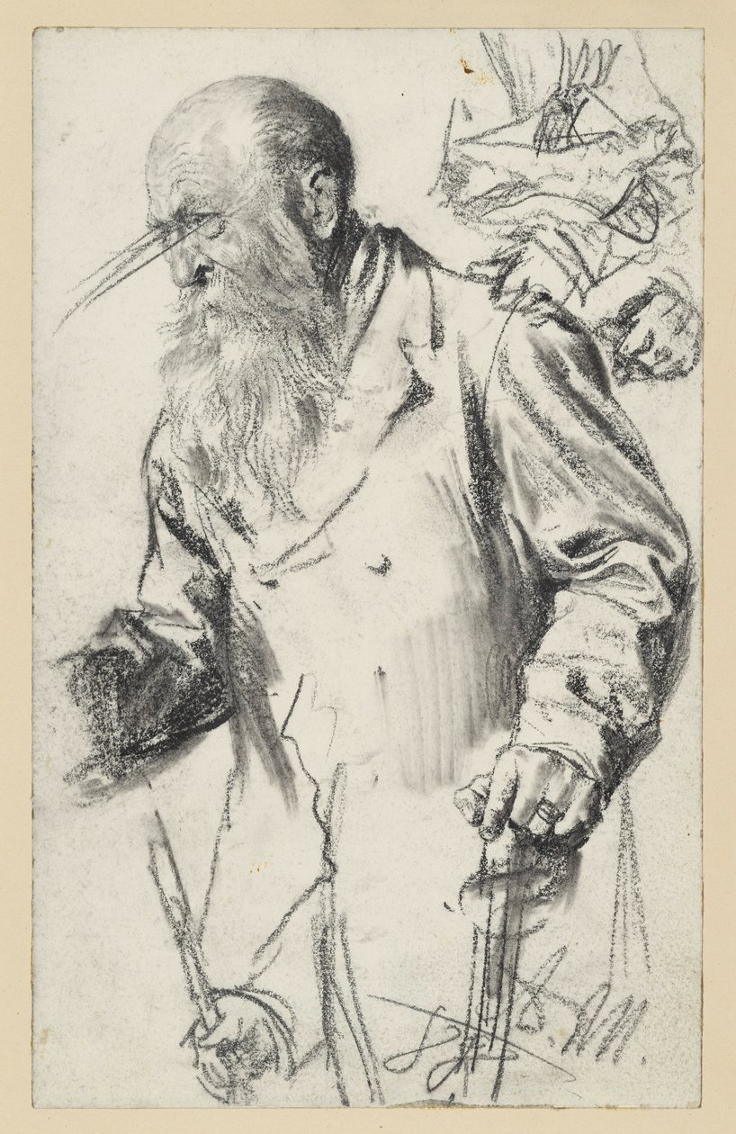 Idős, szakállas férfi szoknyában, a bot mellett, néhány részlet megismétlődik alkotó: Adolph Menzel