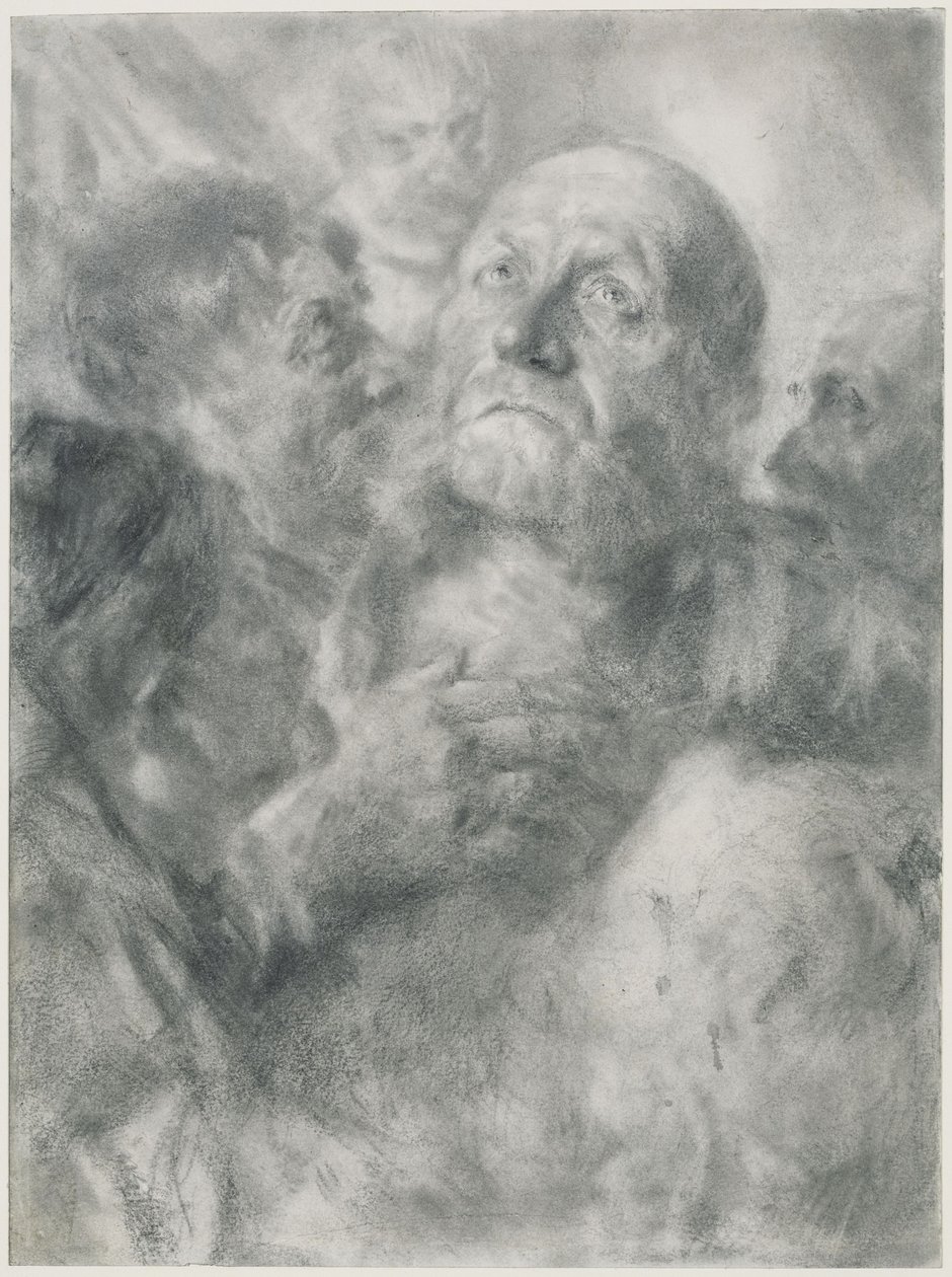 Felnéző idős férfi és négy arc alkotó: Adolph Menzel