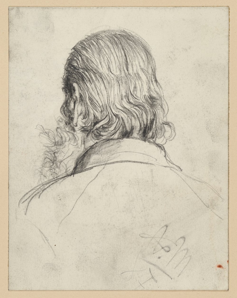 Hosszú hajú, szakállas fej hátulról alkotó: Adolph Menzel