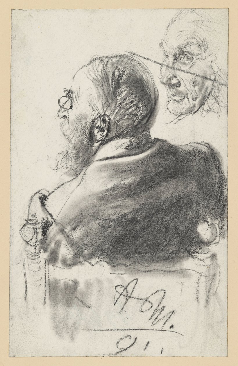 Pápaszemes szakállas férfi karosszékben ülve, hátulnézet, egy öregember arca alkotó: Adolph Menzel