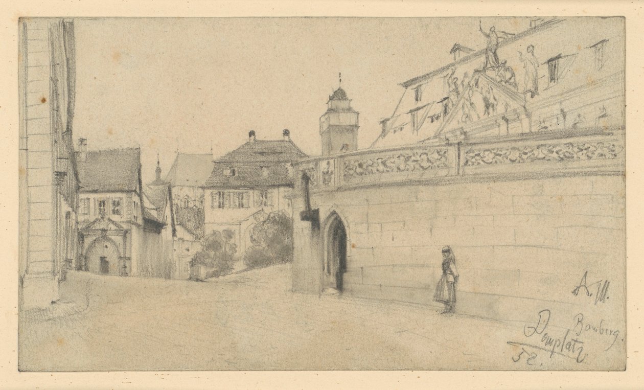 Bamberg. A Domplatz a Domplatz 1 és a Domkranz között, dél felé nézve alkotó: Adolph Menzel