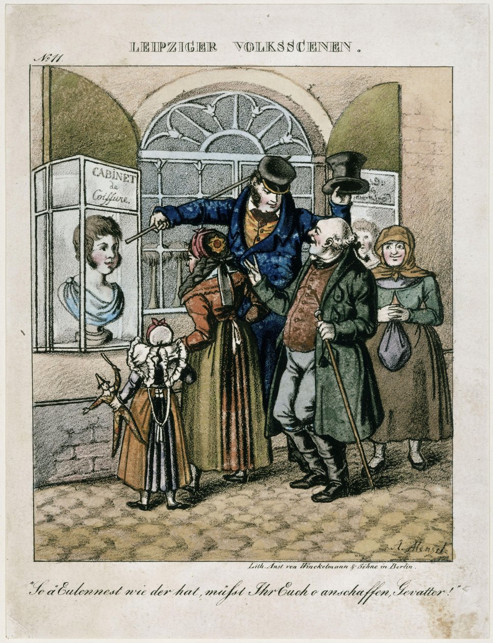 Parasztok egy fodrász viasz mellszobra előtt. A következőből: Lipcsei népéleti jelenetek alkotó: Adolph Menzel
