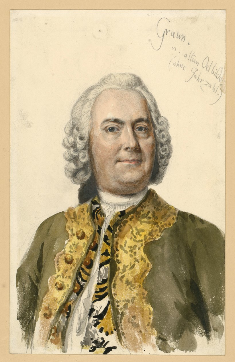 Carl Heinrich Graun, II. Frigyes udvari zeneszerzőjének portréja, Andreas Möller festménye alapján készült, elölnézetes mellkép, jegyzetekkel alkotó: Adolph Menzel