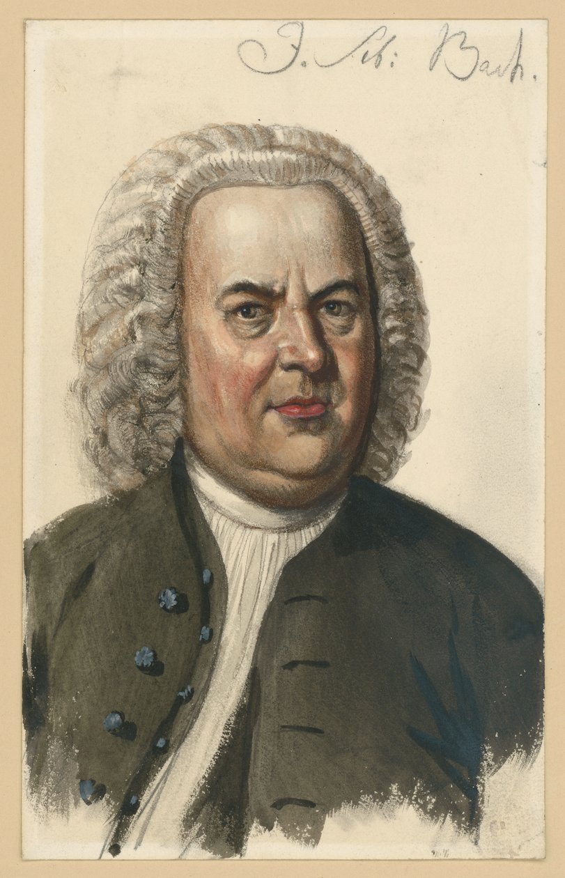 Johann Sebastian Bach portréja, szemből ábrázolt mellkép Elias Gottlob Haussmann festménye nyomán alkotó: Adolph Menzel