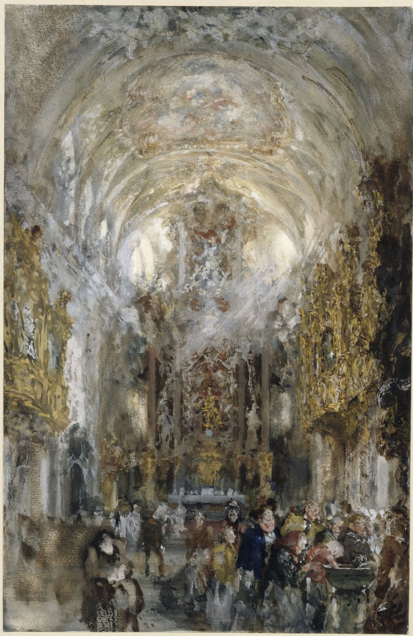 Kilátás a regensburgi Régi Kápolna Miasszonyunk társaskápolnájába, jobb elöl személyek a szenteltvíztartónál alkotó: Adolph Menzel