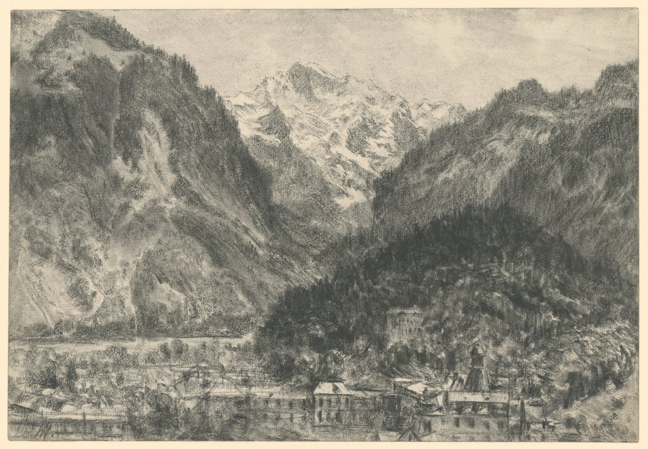 Kilátás Interlaken fölött a Jungfrau-hegységre alkotó: Adolph Menzel