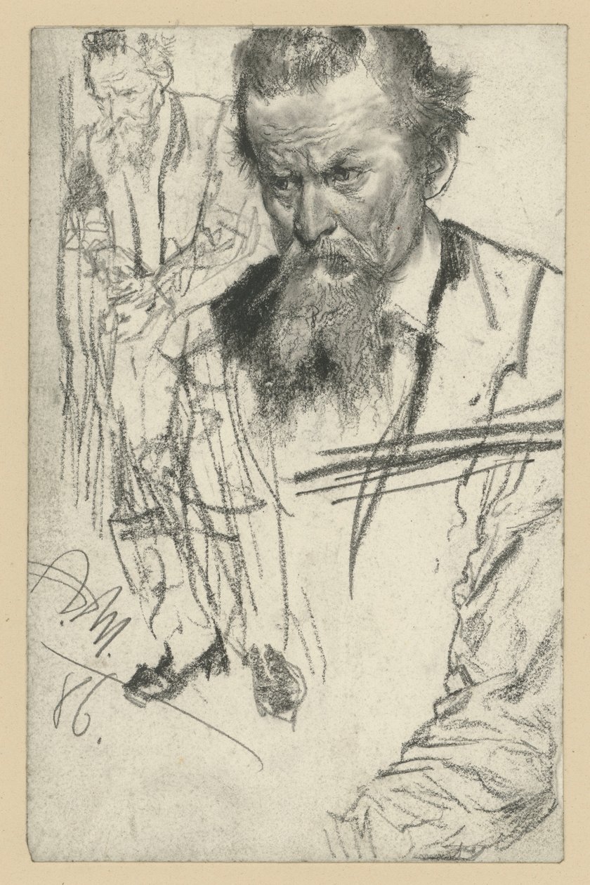 Bajuszos férfi mellképe, kissé balra előrehajolva, balra: balra néző álló férfi, jobbra: ujjtanulmány alkotó: Adolph Menzel