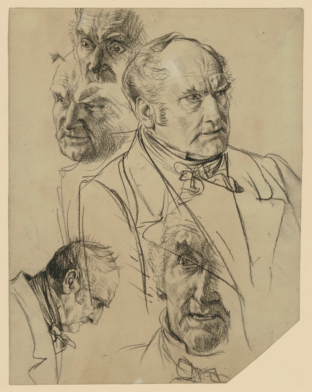 Egy idősebb férfi mellképét jobbra nézően, négy fejtanulmány alkotó: Adolph Menzel