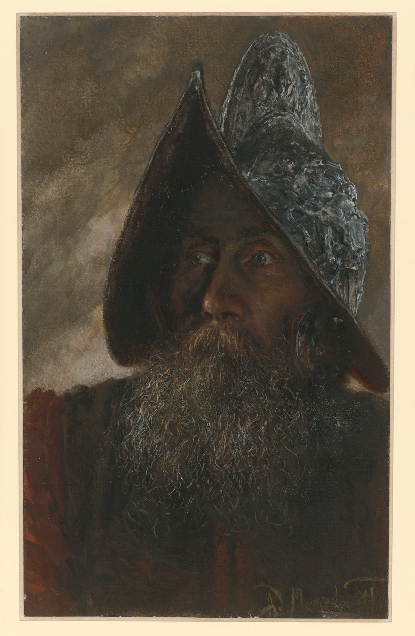 Sisakos, szakállas katona mellképe, kissé balra fordulva alkotó: Adolph Menzel