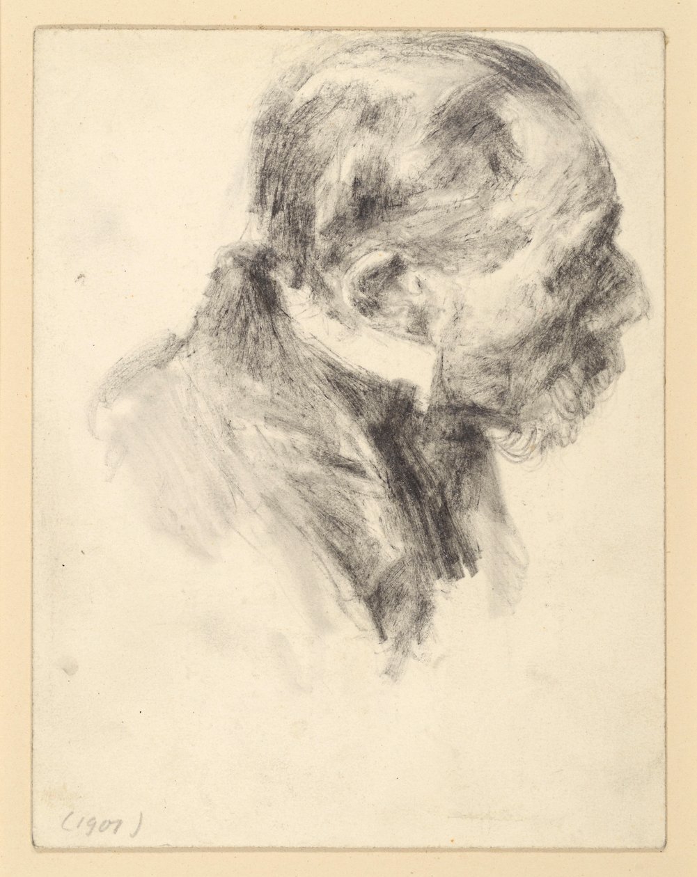Szakállas idős férfi mellképe állógallérral, előrehajolva, jobbra nézve alkotó: Adolph Menzel