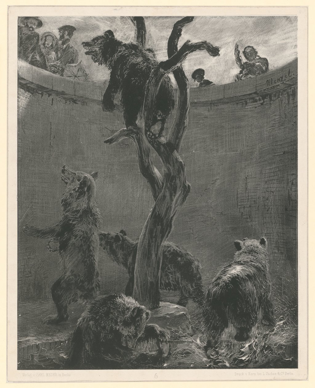 A medveketrec a Állatkertben. 6. lap a „Kísérletek ecsettel és kaparóval” című füzet 1. számából alkotó: Adolph Menzel