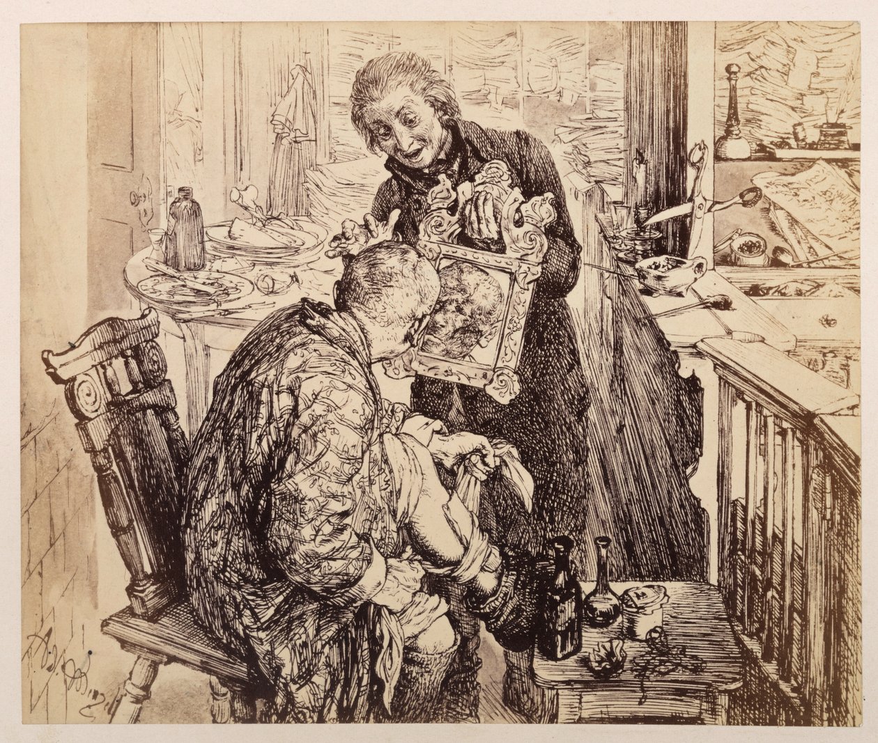 Licht írnok arra találja Adam falubírót, hogy éppen a lábát kötözi. Adam a tükörben, amelyet Licht tart elé, megnézi a zúzott arcát, Heinrich von Kleist „A törött kancsó” című művéhez alkotó: Adolph Menzel