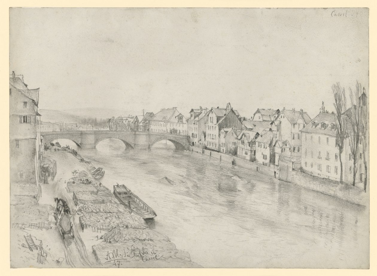 A Fulda Kasselben. Folyóparti táj híddal és házakkal alkotó: Adolph Menzel