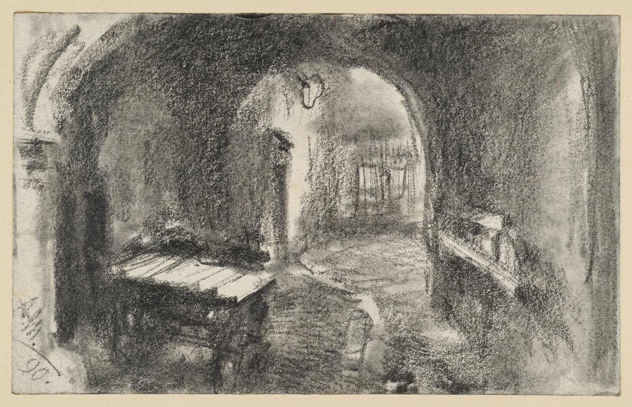 Sötét, boltíves átjáró, elöl egy kézi kocsi alkotó: Adolph Menzel