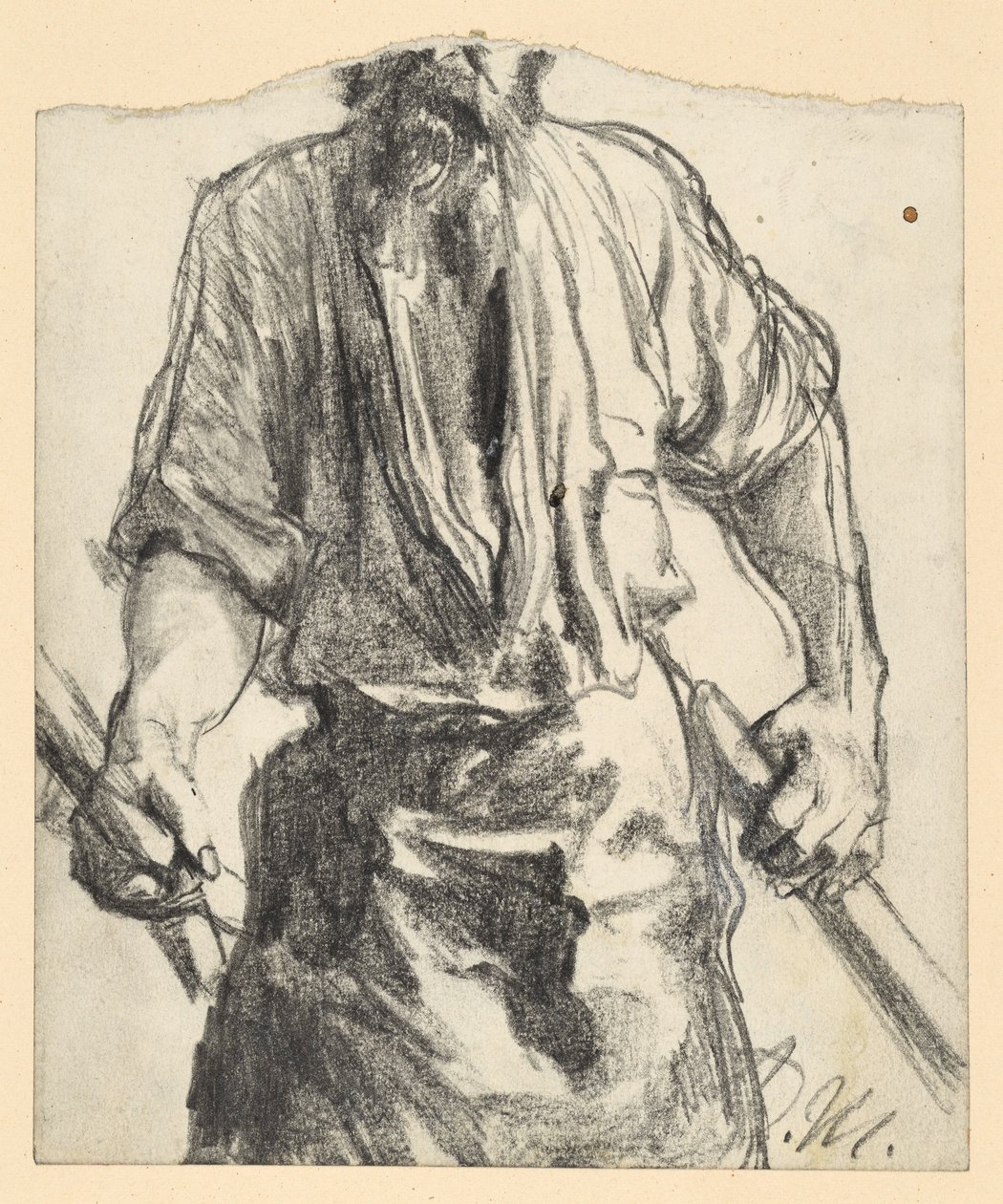 Vasmunkások bőrszoknyában, kezükben fadarabokkal. Vázlat a „Vasgyár. Modern küklopszok” című műhöz alkotó: Adolph Menzel