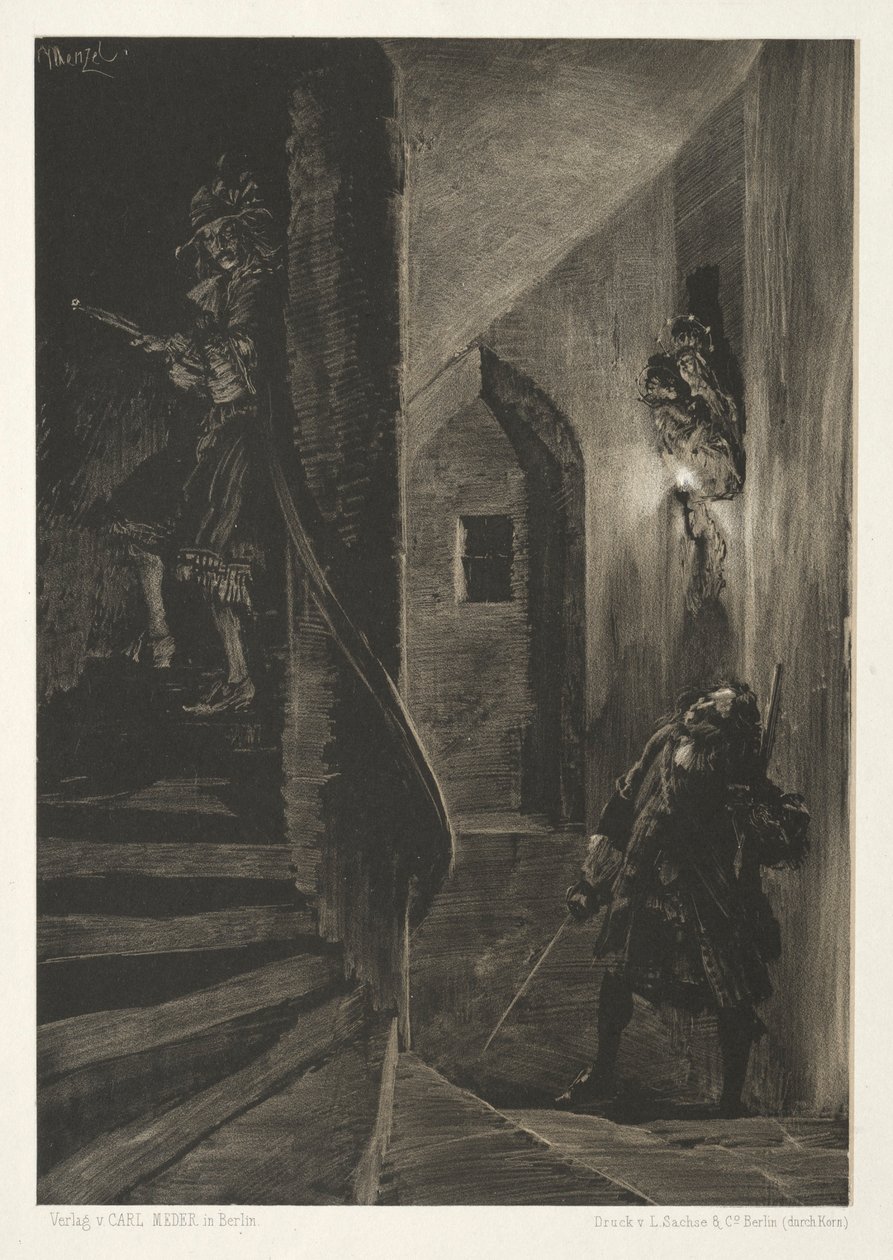 Esszé a kőről ecsettel és kaparóval: Hajsza a kanyargós lépcsőn, 1851. alkotó: Adolph Menzel