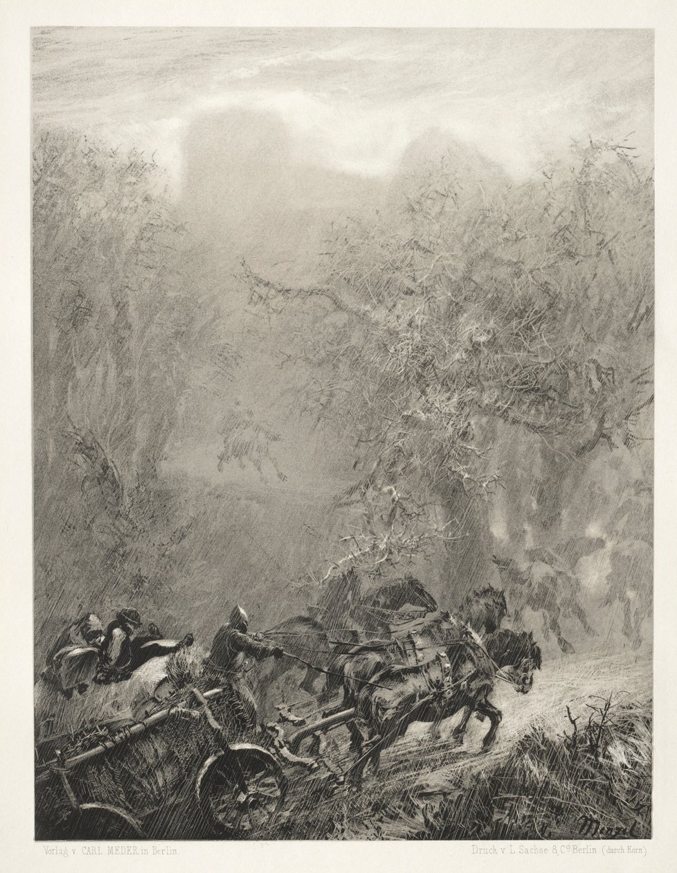 Esszé a kőről ecsettel és kaparóval: Fogolykonvoj egy erdőn keresztül, 1851. alkotó: Adolph Menzel