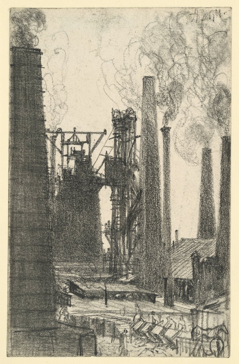 Gyárudvar füstölgő kéményekkel (Königshütte?) alkotó: Adolph Menzel