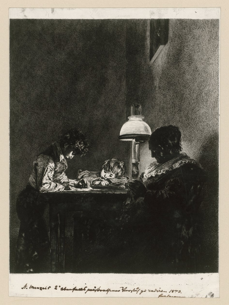 Család a lámpa mellett alkotó: Adolph Menzel
