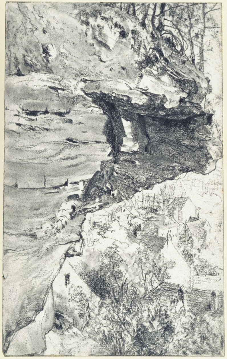 Szikla kiugrás, háttérben egy falu (Szász-Svájc) alkotó: Adolph Menzel
