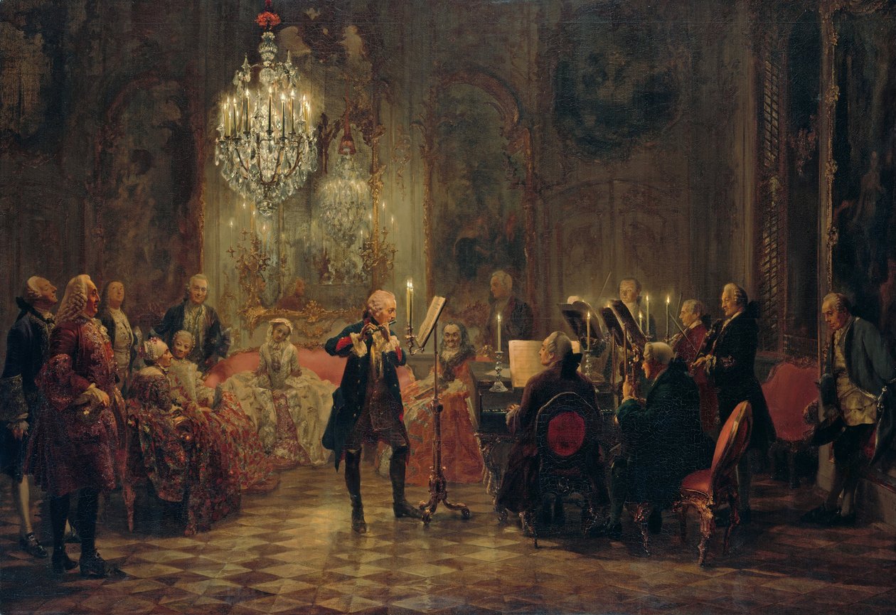 Fuvolahangverseny Nagy Frigyessel Sanssouciban, 1850-1852 alkotó: Adolph Menzel