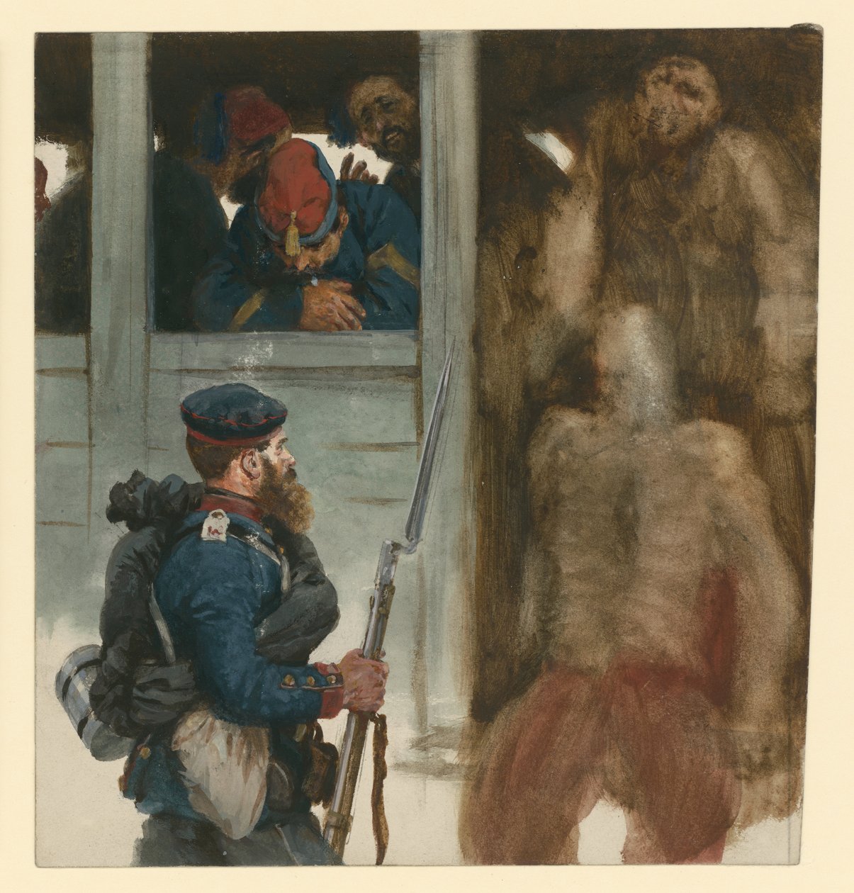 Francia foglyok szállítása vasúti kocsikban, elöl egy porosz gyalogos – jelenet az 1870-es háborúból alkotó: Adolph Menzel
