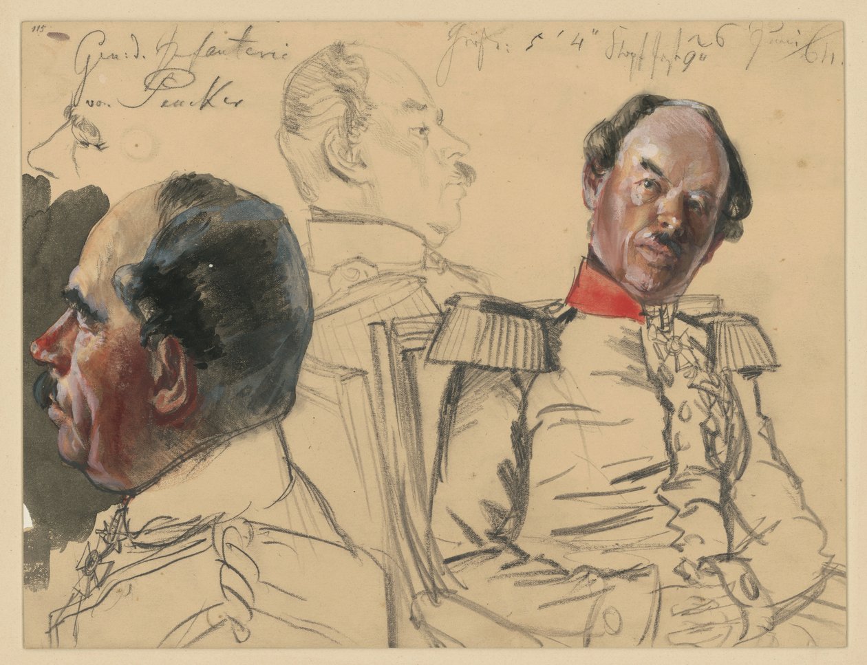 Eduard von Peucker gyalogsági tábornok, 1. fejvázlat, profil balra, 2. mellkép kissé jobbra, tekintet balra, közöttük fejvázlat, profil jobbra, vázlatok a „I. Vilmos koronázása Königsbergben” című műhöz alkotó: Adolph Menzel
