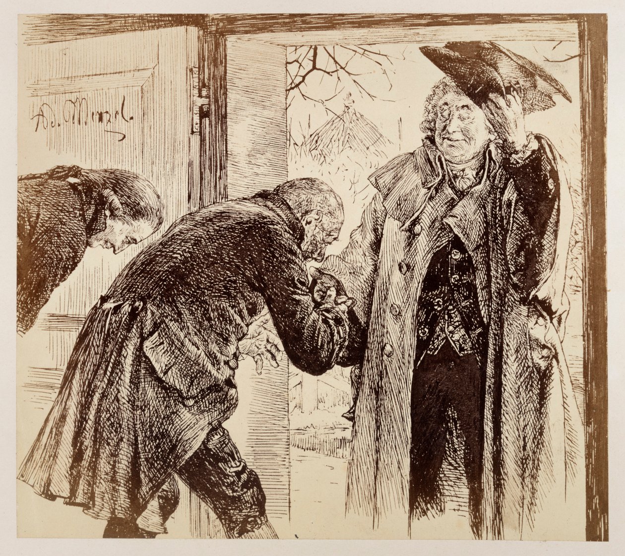 Walter bíró, barátságosan megemelve a kalapját, jobbról lép be az ajtón, Adam és Licht alázatosan üdvözli őt, Heinrich von Kleist „A törött kancsó” című művéből alkotó: Adolph Menzel