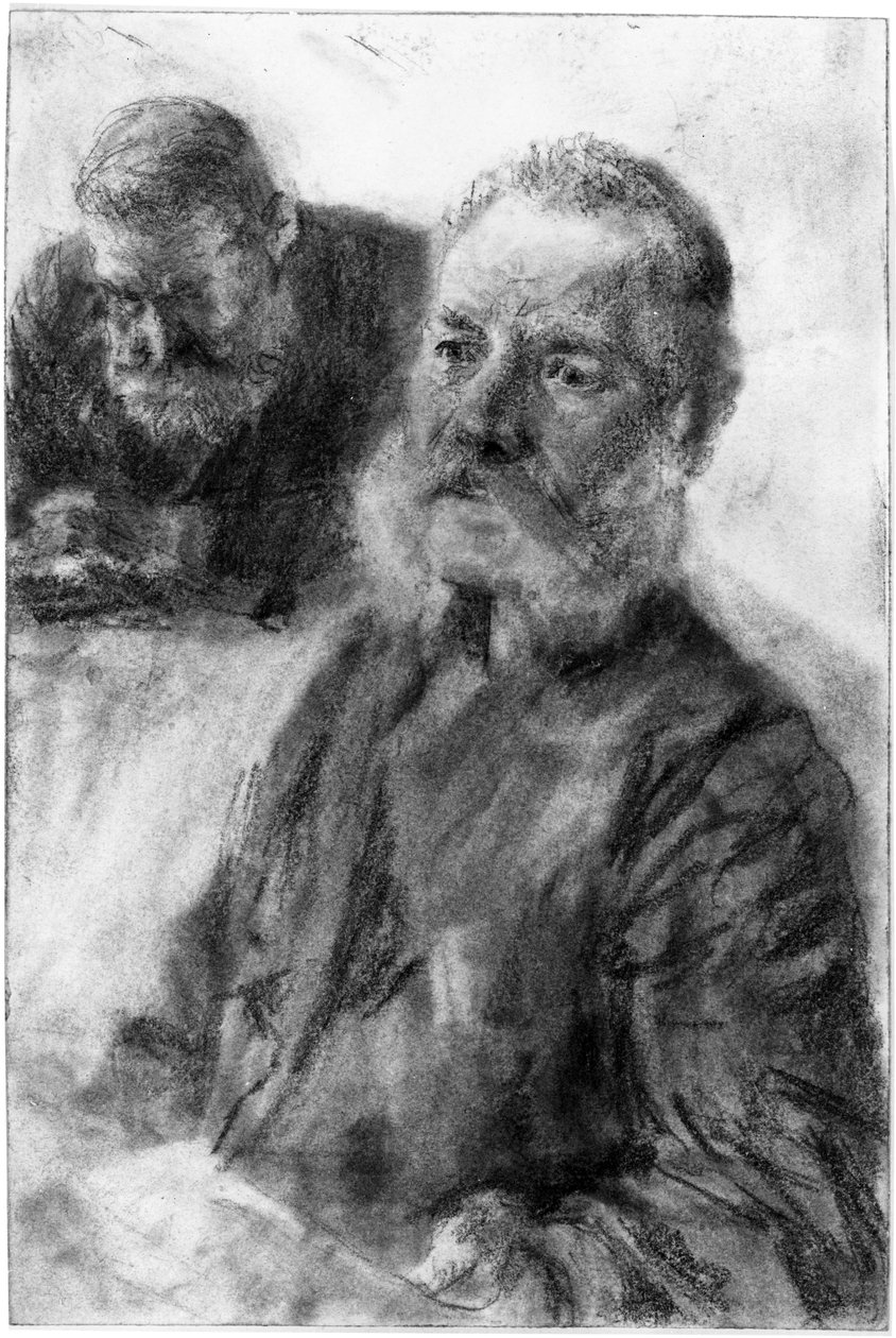 Szakállas férfi félalakja, a háttérben egy másik szakállas férfi lesütött tekintetű mellképe alkotó: Adolph Menzel