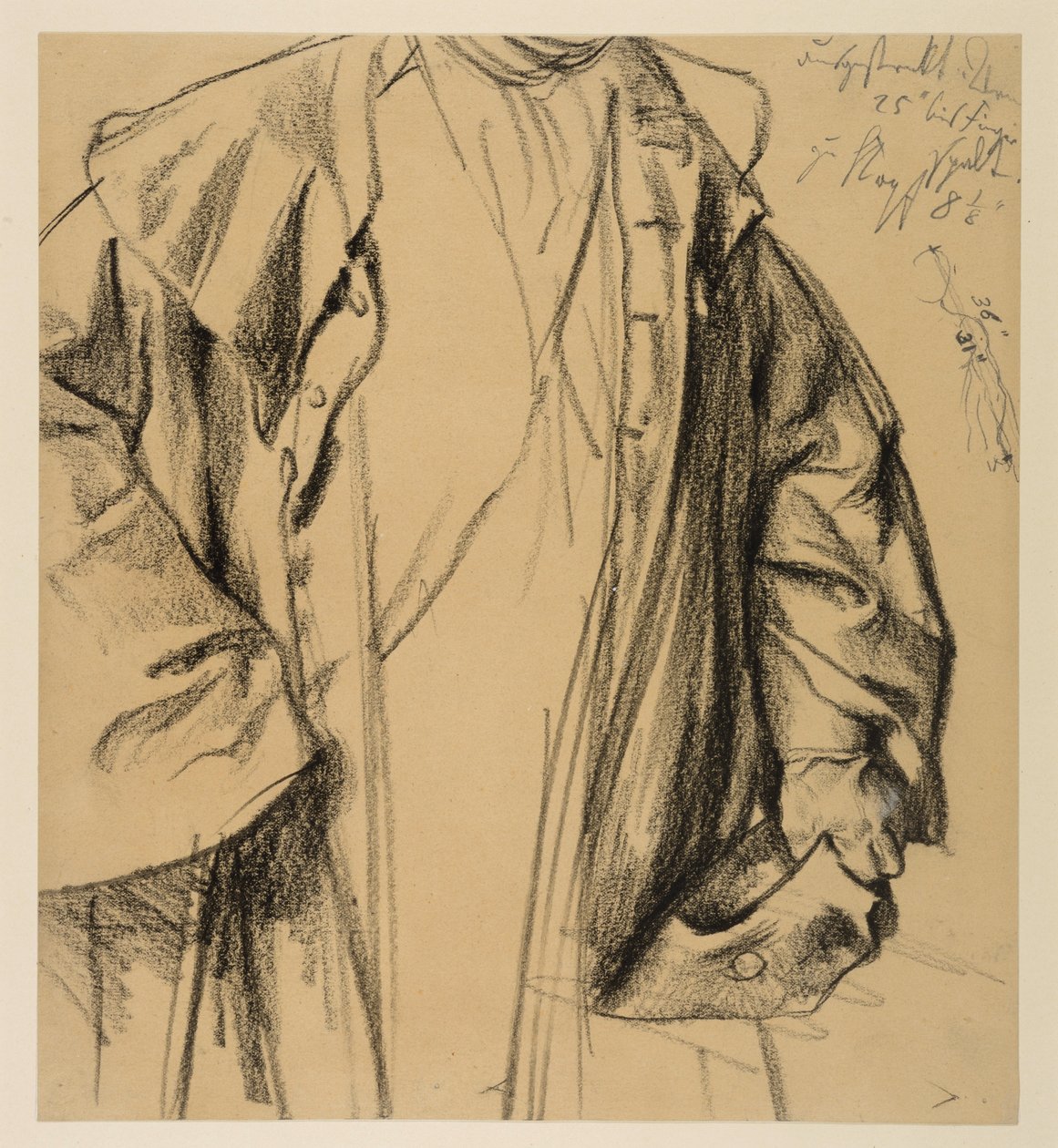 Heinrich von Kleist, A törött kancsó: egy kabátos tiszt modellvázlata, a fej nincs ábrázolva, félalak, bal kezében kalappal, jobb kezében sétapálcával alkotó: Adolph Menzel