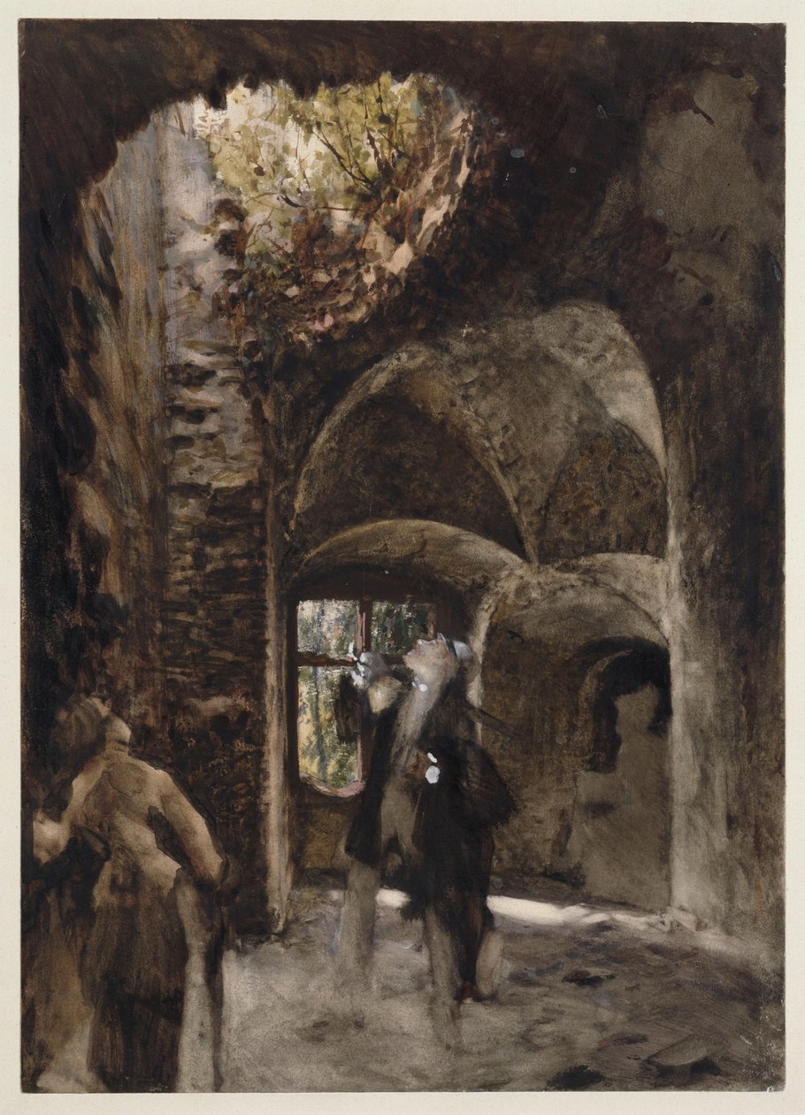 A romokban egy úr és egy hölgy egy lépcsőfordulón állnak, és felnéznek a boltívben lévő nagy lyukra alkotó: Adolph Menzel