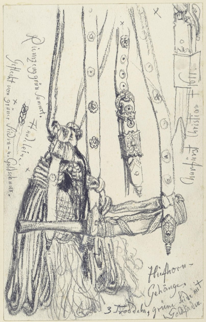 Vadászkürt, kürtszíj és kürtzsinór I. János György szász választófejedelem smaragddal díszített vadászfegyver-készletéhez, Történeti Múzeum, Drezda alkotó: Adolph Menzel
