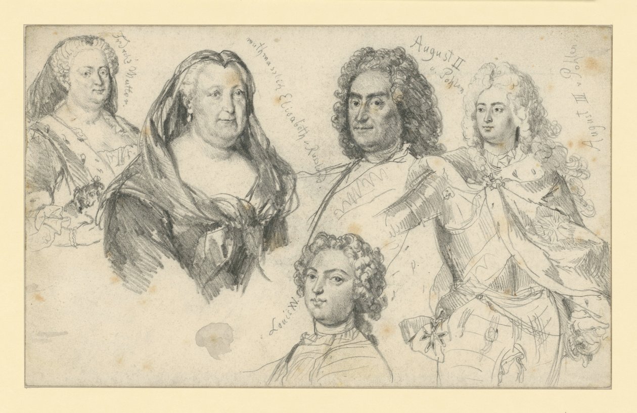 Poroszországi Zsófia Dorottya királyné, Erzsébet orosz cárnő, II. Ágost lengyel király, III. Ágost lengyel király, XV. Lajos francia király alkotó: Adolph Menzel
