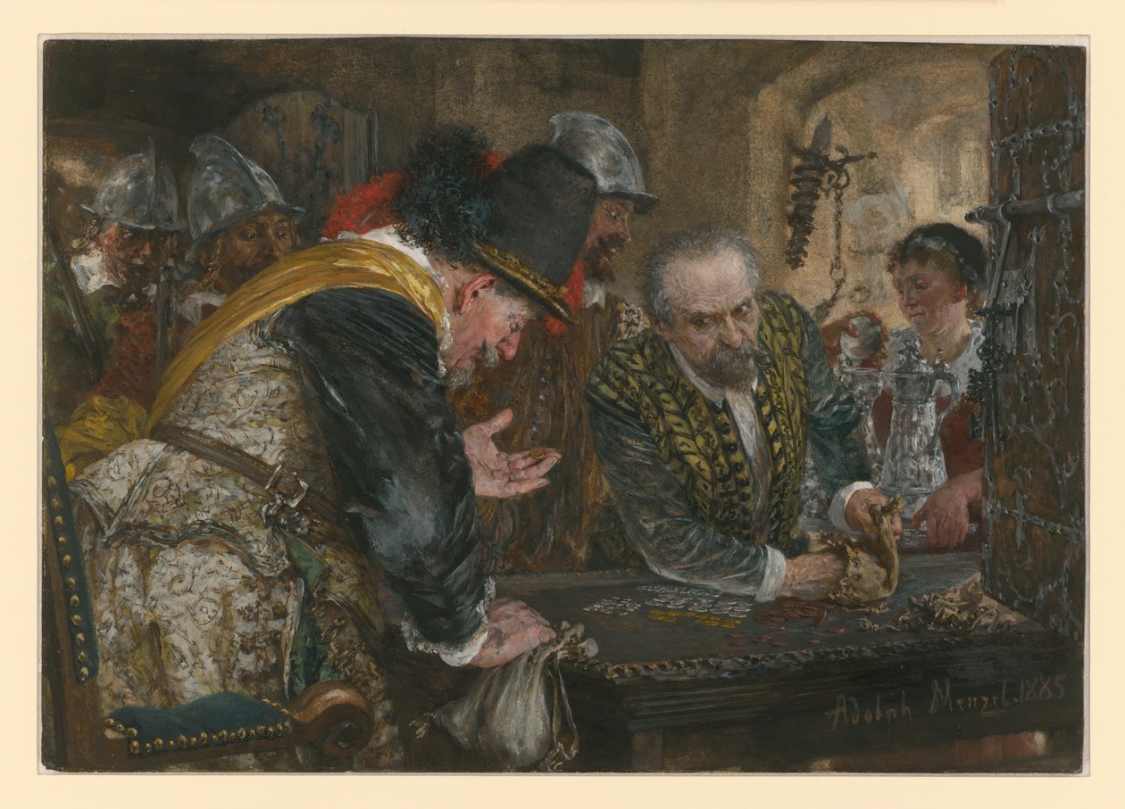 Hadisar, katonák - balra a kapitányuk - pénzt és ezüstöt kapnak egy idős férfitól alkotó: Adolph Menzel