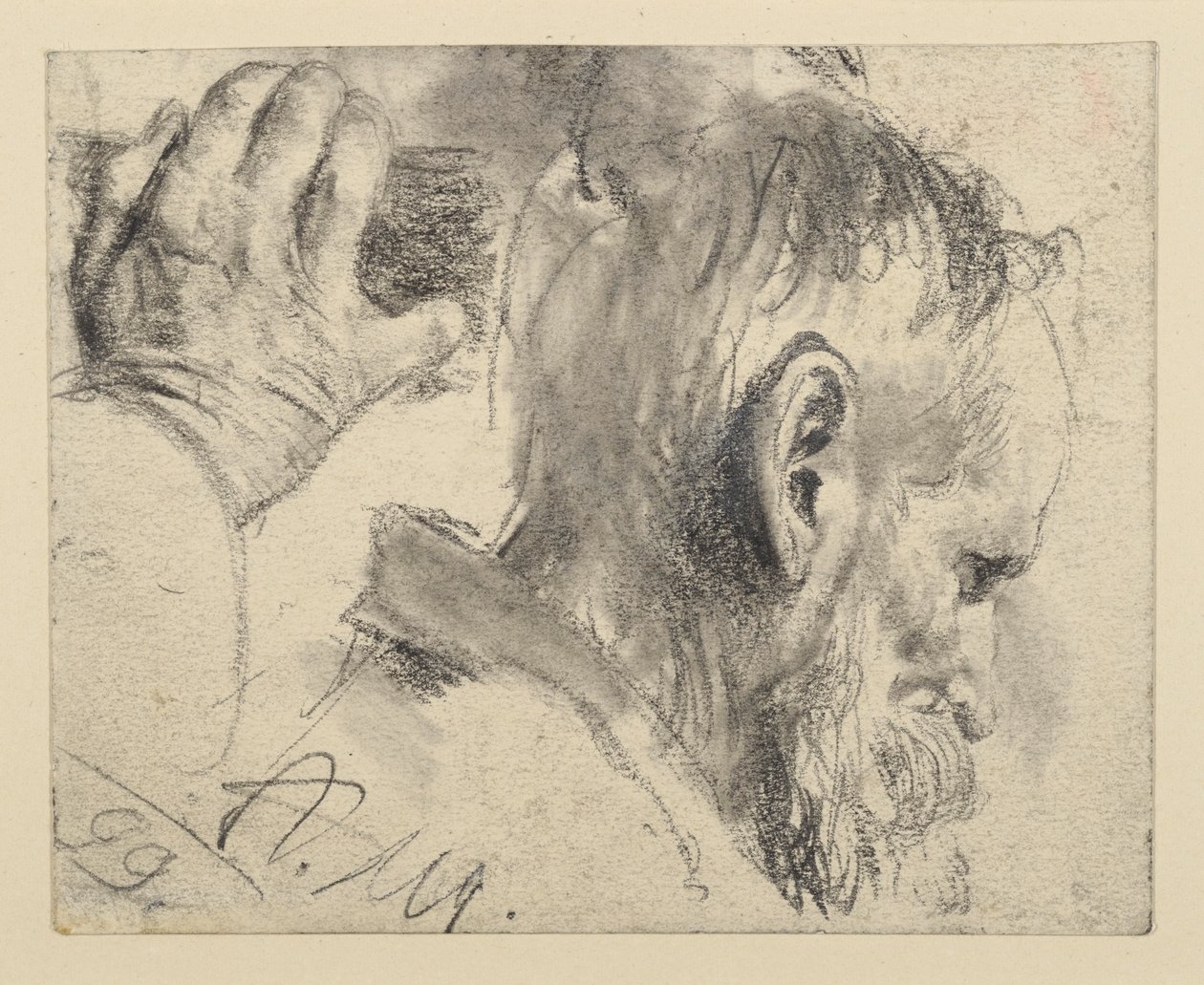 Egy szakállas férfi feje, kissé lehajtva, jobbra fordulva, jobb kézzel alkotó: Adolph Menzel