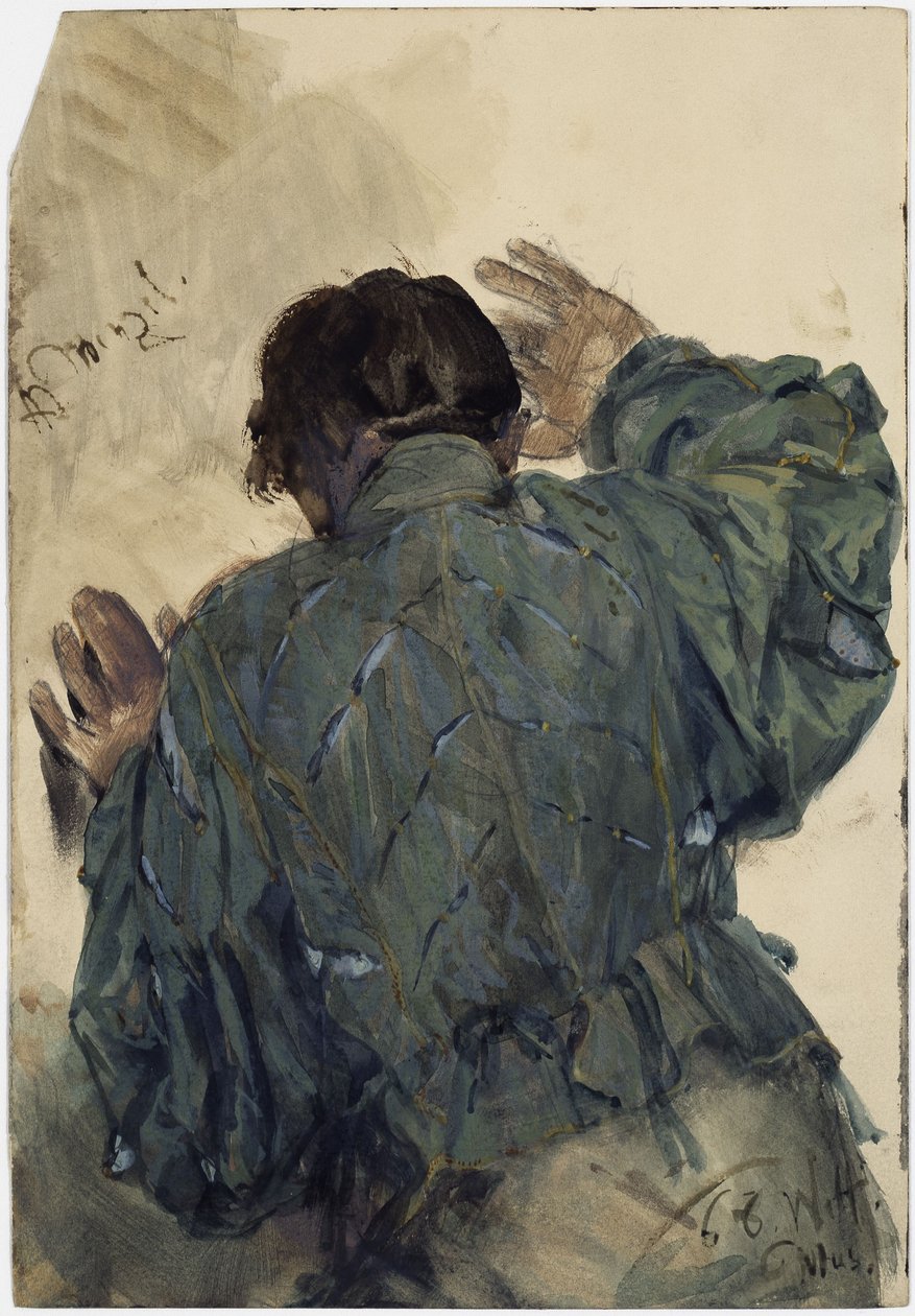 Egy férfi jelmezvázlata hátulról nézve, a falnak támaszkodva, Welfenmúzeum, Hannover alkotó: Adolph Menzel