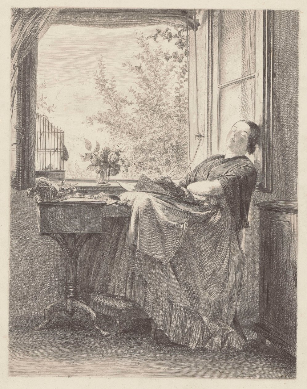 Az ablaknál alvó varrónő (Emilia, Menzel húga, később Krigar asszony). alkotó: Adolph Menzel