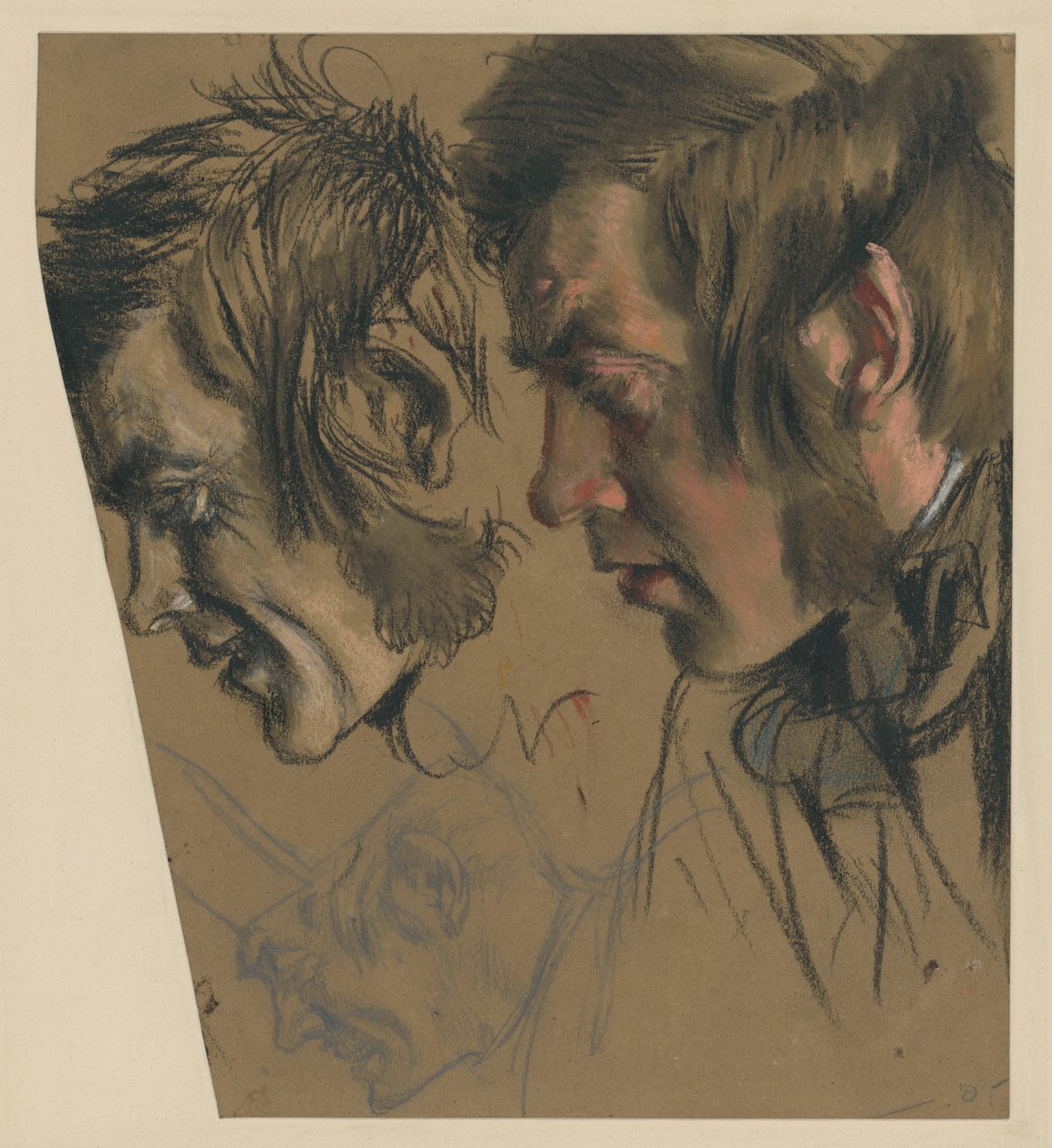 Szakállas férfi fej, előrehajolva; bal oldalon: kisebb méretű ismétlés, alul: ugyanaz sapkával alkotó: Adolph Menzel
