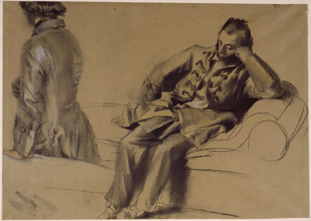 Egy fűzős kabátot viselő férfi a kanapén ül, egy másik pedig sétál alkotó: Adolph Menzel