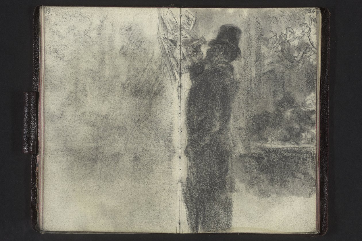 Hengeres kalapos és esernyős férfi, aki a falon lógó papírokat nézegeti alkotó: Adolph Menzel