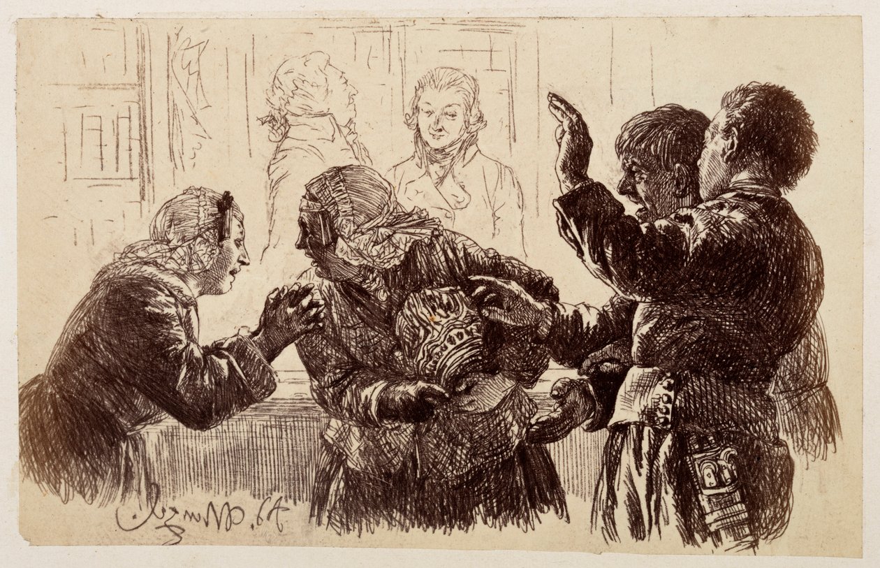 Marthe, karjában a kancsócserepekkel, Veit és Ruprecht között áll, Eve pedig könyörög az anyjának, hogy hagyjon fel a panaszkodással – Heinrich von Kleist: „A törött kancsó” alkotó: Adolph Menzel