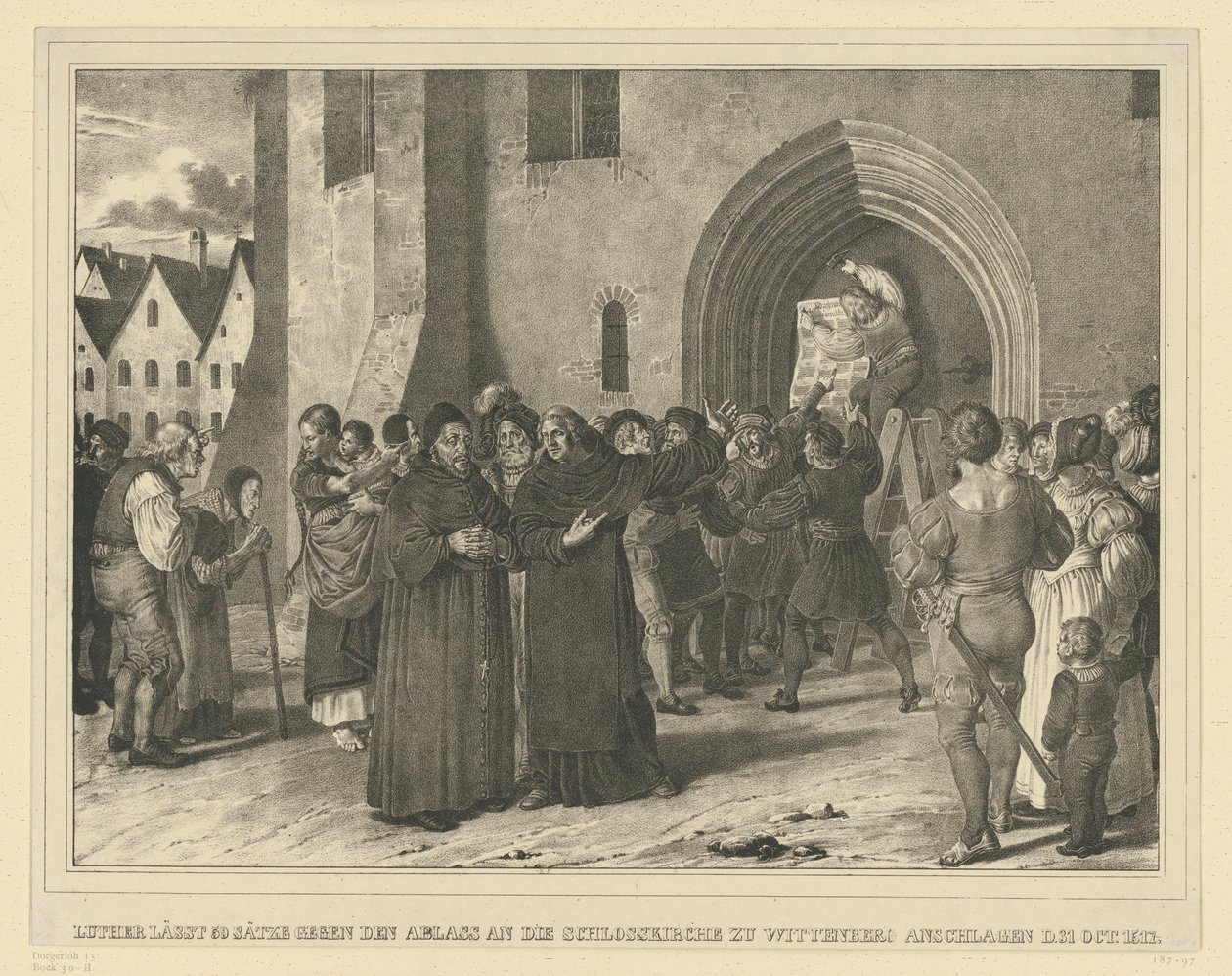 1517. október 31-én Martin Luther a wittenbergi kastélytemplom falára kifüggesztette az engedélyek ellen szóló 95 tézisét alkotó: Adolph Menzel