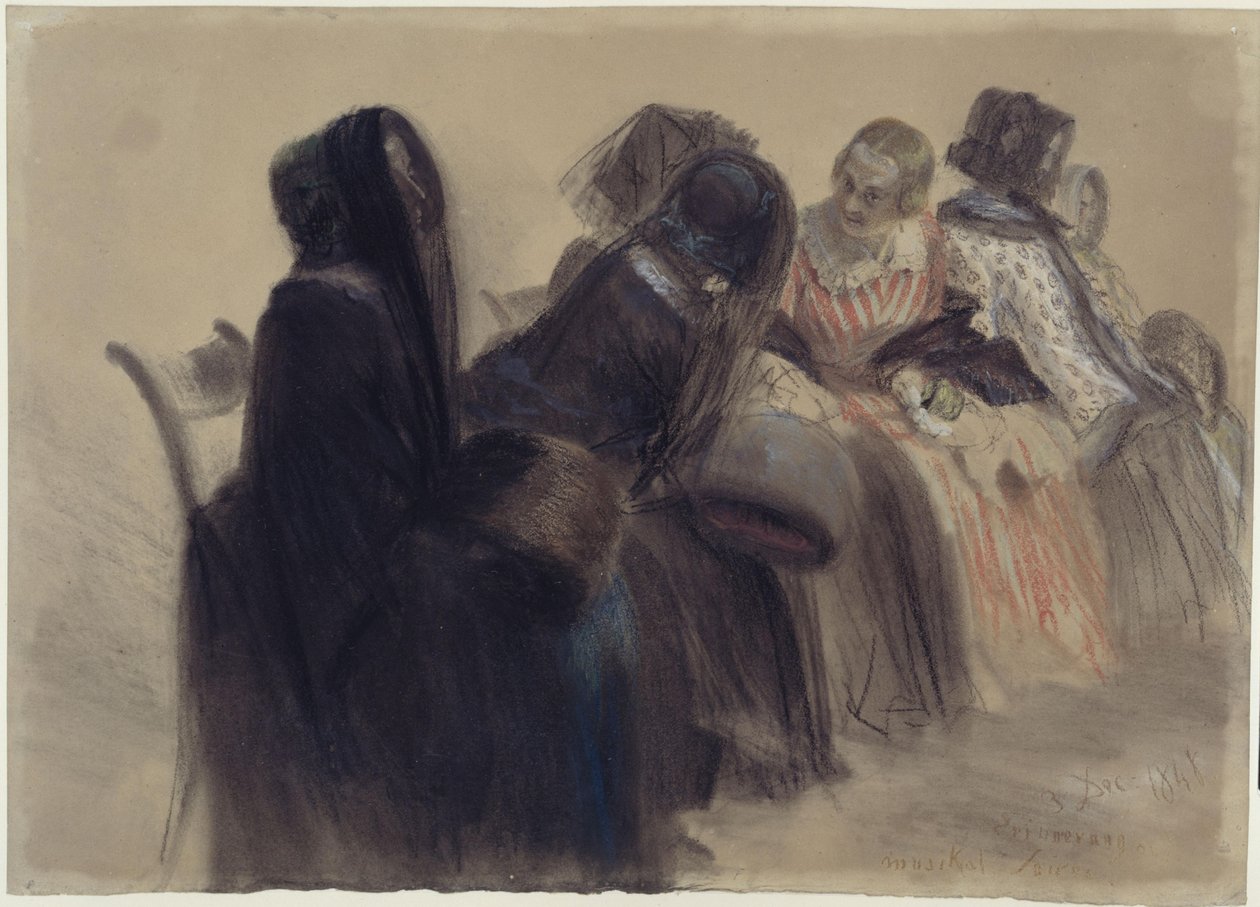 Zenei estély: hat hölgy ül székeken jobbra haladó, a terem mélyébe vezető sorban, részben beszélgetnek alkotó: Adolph Menzel