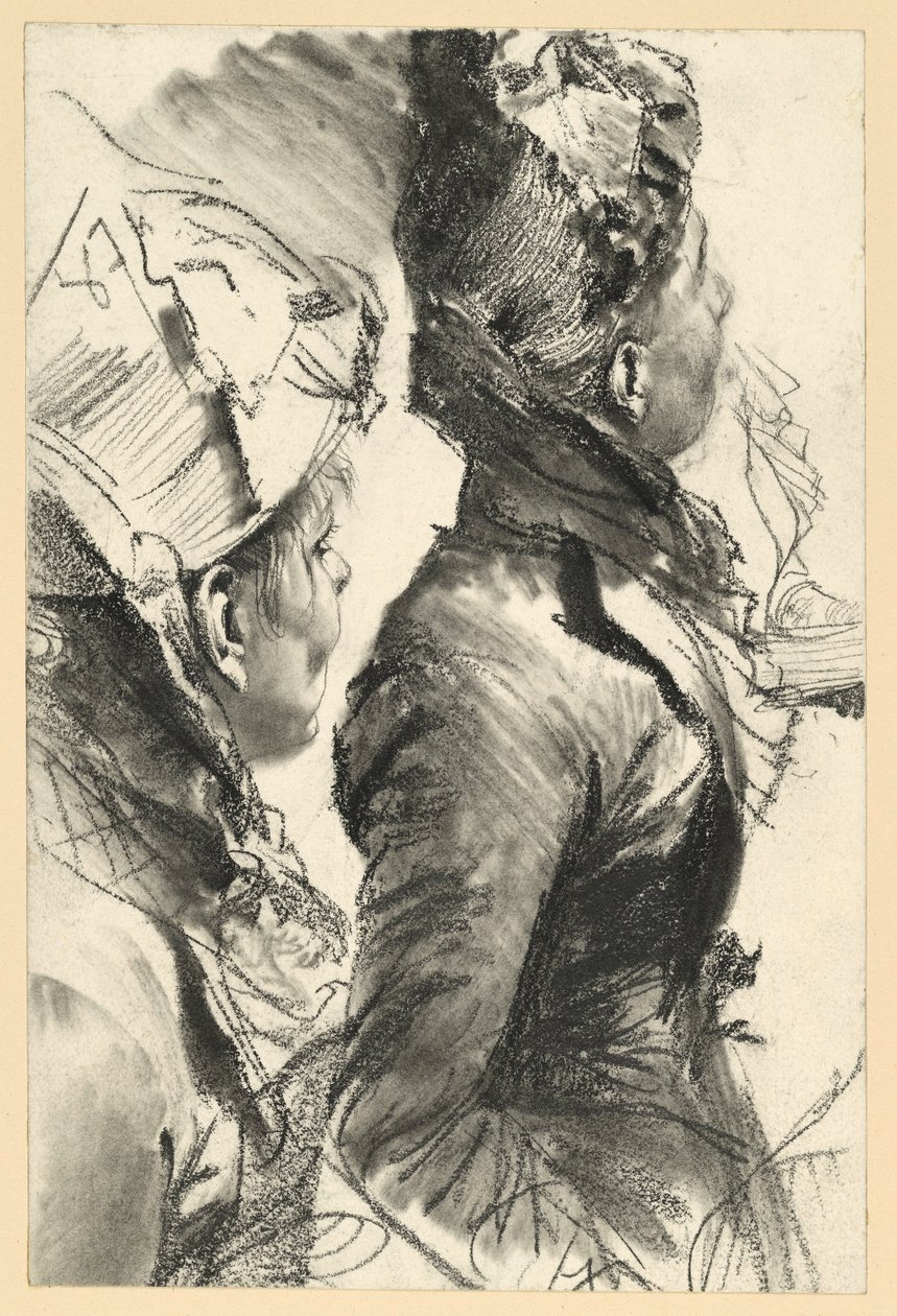 Kalapos, jobbra tekintő nő, félalak profilból, két vázlat alkotó: Adolph Menzel
