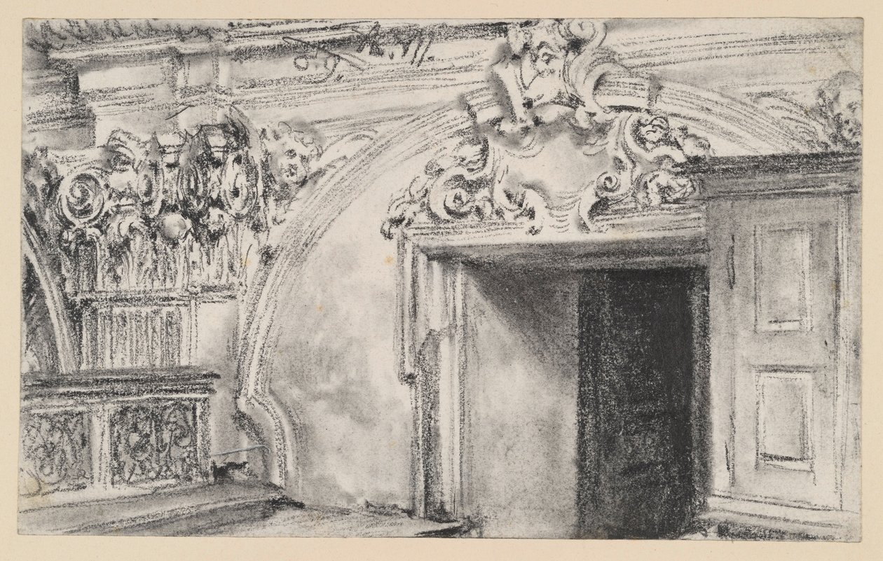 Egy sekrestye ajtófalának felső része, fából készült szekrénnyel alkotó: Adolph Menzel