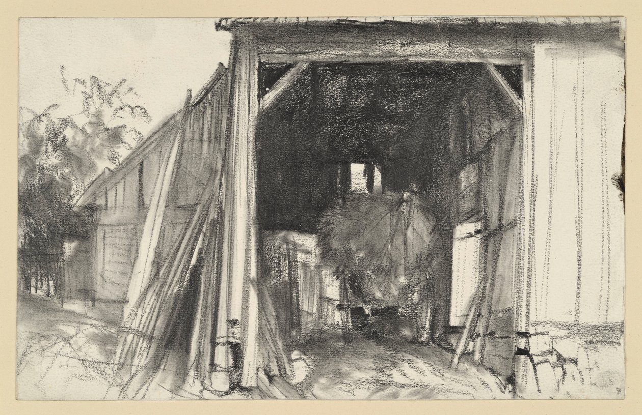 Nyitott pajta, benne egy szalmával megrakott szekér alkotó: Adolph Menzel