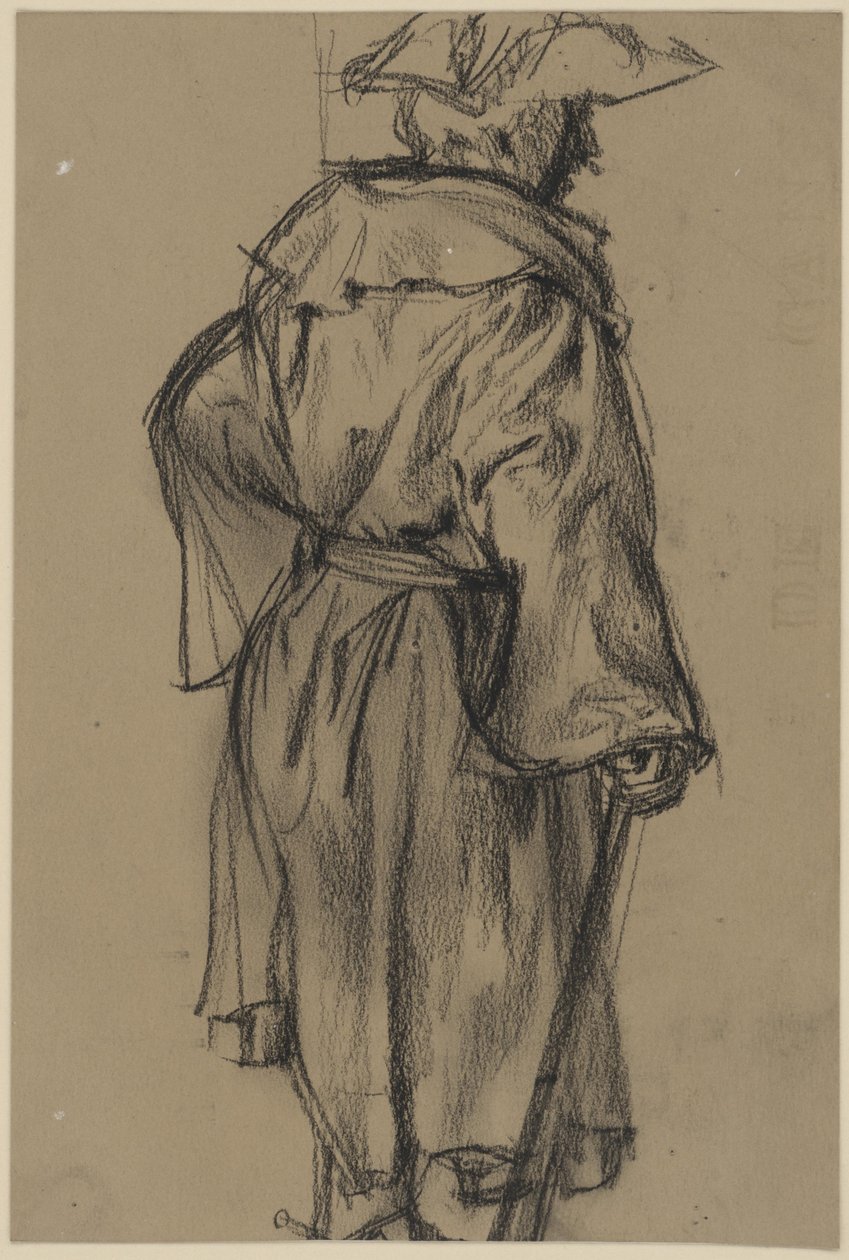 Tiszt kabátban és kalapban, jobb kezében sétapálcával, jobbra néző félhátulnézetben. (Moritz von Anhalt-Dessau testtartás-tanulmánya) alkotó: Adolph Menzel