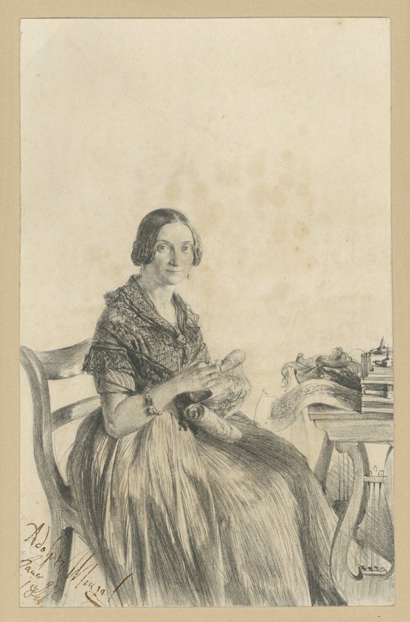 Pauline Martini, születési neve Dambke, az asztalnál ülve, tekintete a néző felé fordul alkotó: Adolph Menzel